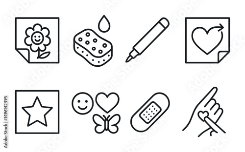 Line style icons of temporary tattoo kits: peel-off sheet, sponge and water icon, skin-safe marker, transfer sticker, stencil cut square, child-friendly symbols, trial design patch, “test your tattoo