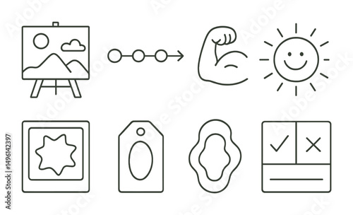 Line style icons of student journal prompts: “draw your weekend” icon, visual timeline of today, doodle your strength, what made you smile square, “the hard part” frame, shape of the week tag,