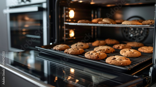 Freshly baked chocolate chip cookies cooling on racks inside of a modern stainless steel oven