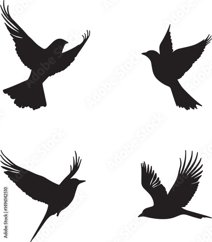 This artwork is digitally enhanced using AI and manually edited for quality. Flying Bird Silhouettes - Set of Four Black Bird Illustrations in Flight.