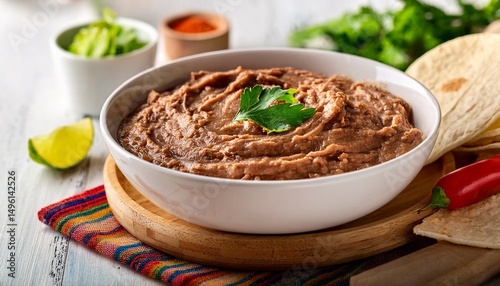 refried beans in a white bowl mexican dish
