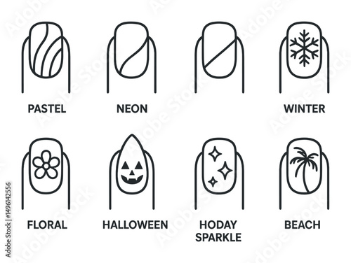 Line style icons of seasonal nail trends: spring pastel nails, summer neon polish, fall warm tones, winter snowflake nail, holiday sparkle icon, floral seasonal theme, Halloween nail tip, beach palm