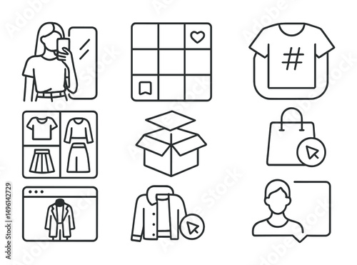 Line style icons of fashion on social media: outfit mirror selfie, aesthetic feed layout, #ootd icon, flat lay grid, unboxing box, shopping link icon, lookbook preview, content creator tag.