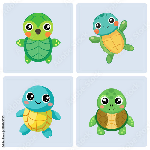 Vibrant Four-Panel Cartoon Turtle Illustrations with Playful Expressions