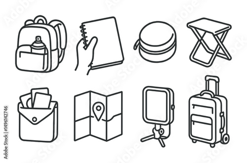 Line style icons of mobile artist setup: backpack with spray, sketchbook in hand, cap case, foldable stool, sticker pouch, map with mark spot, portable light, rolling gear bag.
