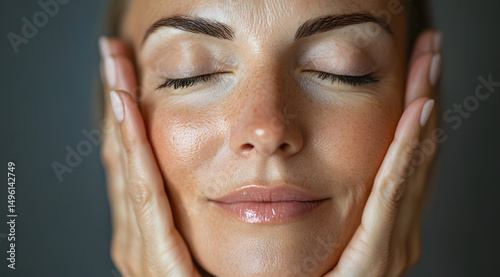 retrato de una hermosa mujer de 50 años con los ojos cerrados, sosteniendose la cara con sus manos, dandose un masaje o tratamiento facial para relajarse o cuidad su piel