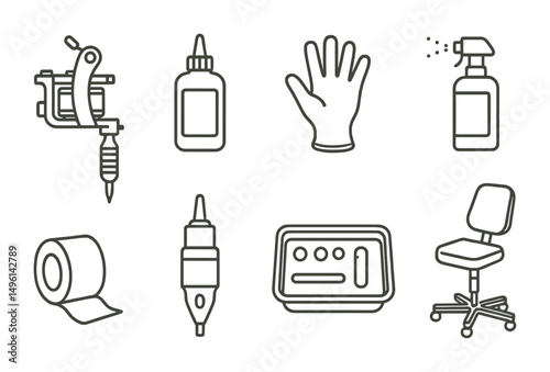 Line style icons of tattoo tools and setup: tattoo machine, ink bottle, disposable glove, stencil spray, grip tape roll, needle cartridge, workbench tray, tattoo artist chair.