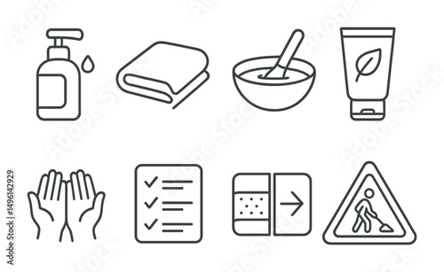 Line style icons of care and cleanup: skin-safe remover bottle, soft towel for cleaning, water bowl and brush icon, afterpaint lotion tube, “handle gently” sign, hygiene checklist card, before-after