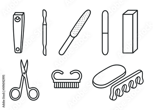 Line style icons of basic manicure tools: nail clipper, cuticle pusher, nail file, buffer block, cuticle scissors, small brush for nails, hand rest pad, finger separator.