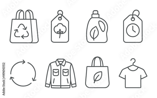 Line style icons of sustainable fashion choices: clothing swap bag, organic cotton tag, eco-friendly detergent, “slow fashion” label, wear-repair-reuse loop, upcycled jacket, zero waste bag,