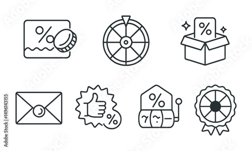 Line style icons of surprise and mystery discounts: scratch card icon, random discount spinner, mystery box with %, sealed envelope icon, “you got a deal” symbol, random reveal badge, gamified