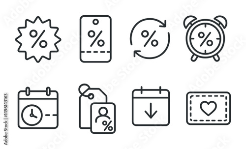 Line style icons of recurring discount programs: weekly deal label, monthly saving pass, recurring offer ring, “deal of the day” clock, timed coupon calendar, auto-applied membership tag, month tag