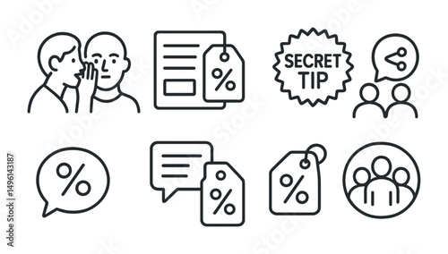 Line style icons of discount communication: whisper about a deal icon, newsletter tag, secret tip badge, “tell a friend” icon, reply with offer, comment = discount symbol, share to unlock tag,