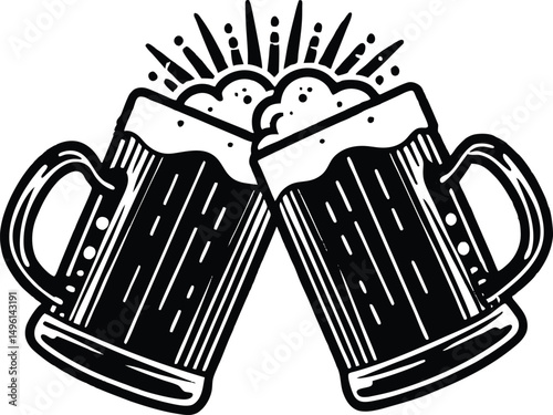 Beer mugs are clinking, with foam spilling over a festive symbol of celebration or cheers. Beer mugs, toast vector silhouettes for parties and pubs. Sketch of black and white outline icons