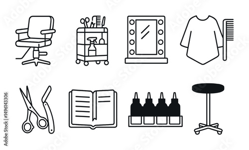 Line style icons of stylist’s tools and workspace: swivel salon chair, trolley cart with tools, mirror and lights panel, cape and comb set, scissors + razor duo, appointment book, color bottle rack,