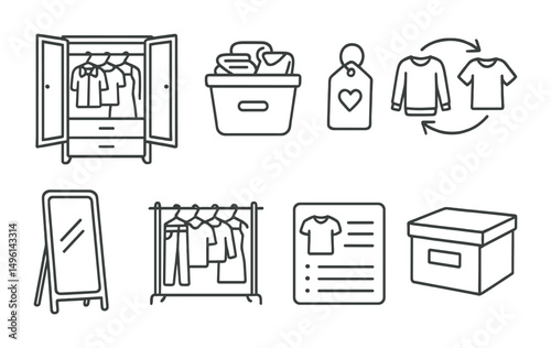 Line style icons of closet and wardrobe editing: full closet view, item sort bin, donate tag, seasonal swap icon, fit-test mirror, organized rack sketch, outfit log card, storage box with label.