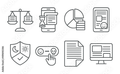 Line style icons of media consumption habits: balanced sources icon, scroll-break timer, weekly news mix chart, calm media feed symbol, morning/evening check badge, avoid doomscroll toggle, read full