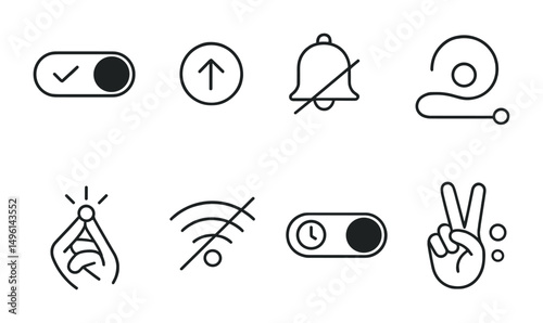 Line style icons of user control over attention: “I choose” notification toggle, mute everything badge, regain focus button, minimal alert path, choose your signal icon, turn off endless stream, user