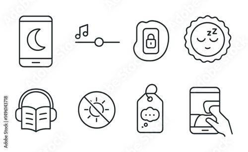Line style icons of sleep support: sleep app with moon icon, sleep sounds selector, night phone lock toggle, track rest quality badge, bedtime story audio, blue light off icon, pre-sleep reflection