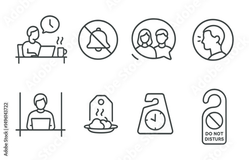Line style icons of workplace balance: break reminder at desk, no alert meeting badge, calm coworking bubble, focused coworker circle, deep work with boundaries icon, recharge at lunch tag, daily