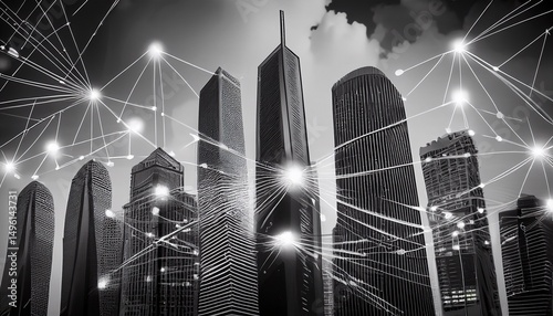 towering skyscrapers in black and white with illuminated connections between them symbolizing urban connectivity and future linkage