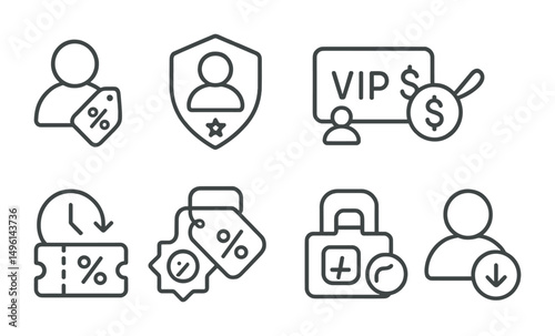 Line style icons of exclusive user discounts: profile with discount tag, member tier icon, VIP savings card, user history + coupon match, personalized promo badge, app use benefit tag, account-linked