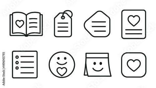 Line style icons of apps for gratitude: gratitude journal icon, three good things tag, thank-you message badge, reflection card with heart, daily appreciation list, mood and gratitude combo, note to