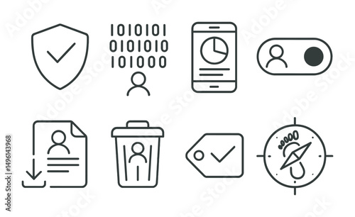 Line style icons of data ownership awareness: “my data” badge, data trace icon, app data report, who has my info toggle, download my profile file, delete me icon, transparency request tag, digital