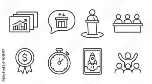 Line style icons of startup pitching: pitch deck slides, elevator pitch speech bubble, founder on stage, investor panel icon, funding ask badge, pitch timer icon, startup story screen, audience