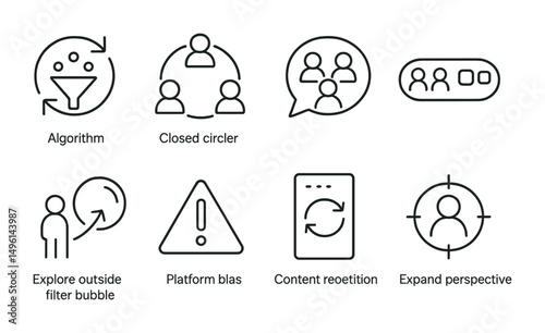 Line style icons of filter bubble awareness: algorithm cycle icon, closed circle feed, echo chamber badge, show diverse views toggle, explore outside bubble icon, platform bias warning, content