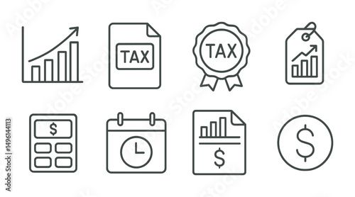 Line style icons of capital gains and taxes: gains chart icon, tax on returns file, dividend tax badge, tax-efficient strategy tag, capital gains estimate icon, reporting deadline calendar,
