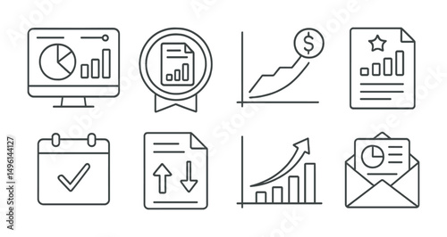 Line style icons of investor reporting: investment dashboard screen, quarterly report badge, annual ROI graph, performance metrics file, portfolio review calendar, P&L statement icon, growth vs