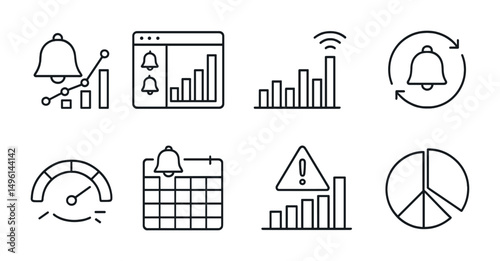 Line style icons of visual status tools: bell + graph icon, notification history chart, ping frequency bar, daily alert cycle ring, calm vs noise meter, visual alert planner, ping overload warning,