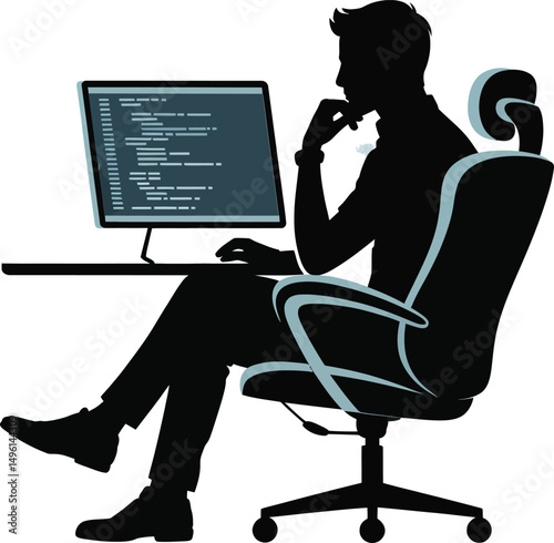 Silhouette of a programmer working on code and contemplating solutions on a computer