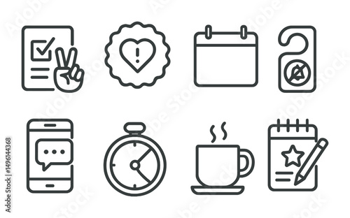 Line style icons of helpful daily tools: to-do with check + peace, gentle reminders badge, clear calendar icon, helpful message screen, easy focus timer, break time tool, good habit builder, quiet