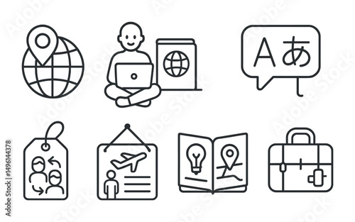 Line style icons of international coworking: global network pin, digital nomad passport, time zone desk planner, multi-language badge, cultural exchange tag, cowork abroad board, local tips guide,