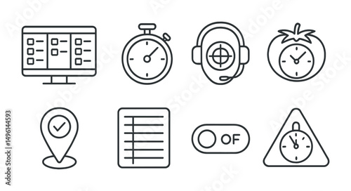 Line style icons of freelancer time and task tools: task board screen, hourly timer symbol, focus mode icon, pomodoro badge, project milestone tag, daily planner sheet, “on break” toggle, overtime
