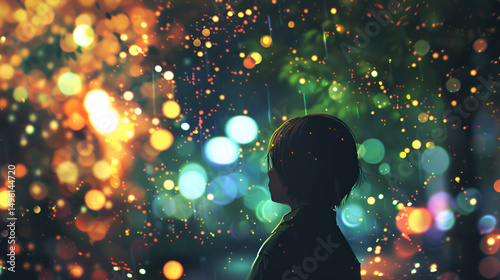 Silhouette of a person looking at bokeh lights in the dark with colorful glowing particles around them