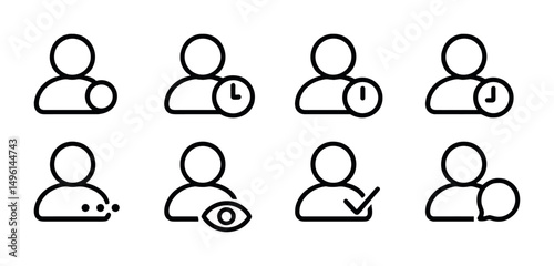 Line style icons of user presence in chat: online dot, away clock icon, do not disturb badge, last seen timestamp, currently typing dots, invisible mode icon, read receipt checkmarks, user is active