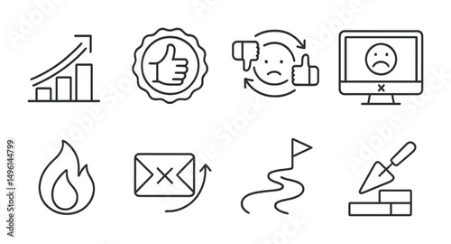Line style icons of freelancer mindset: growth mindset arrow, “you got this” badge, feedback resilience icon, learning from fail screen, self-motivation flame, client rejection bounce-back, solo