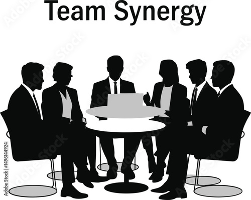 Team synergy concept illustration depicts business professionals collaborating during a meeting.