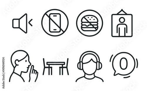 Line style icons of quiet and study rules: silence symbol icon, mobile off badge, food not allowed tag, respect zone poster, whisper reminder sign, study-only table, focus headphones icon, zero noise