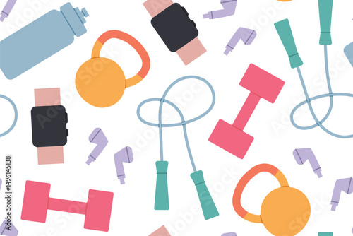 gym, fitness, sport seamless pattern with water bottle, dumbbell, watch, headphones, kettle and jump rope icons- vector illustration