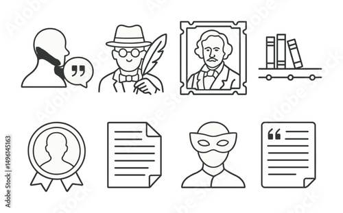 Line style icons of author portraits and legacies: silhouette with quote icon, vintage writer with feather, classic author frame, famous works timeline, literary estate badge, unfinished manuscript
