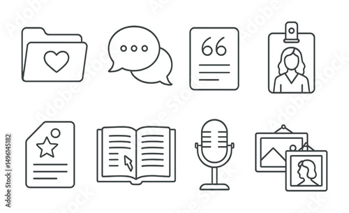 Line style icons of fan engagement with literature: fan fiction folder, discussion forum icon, quote meme card, character cosplay badge, fan review tag, annotated edition, literary podcast mic, fan
