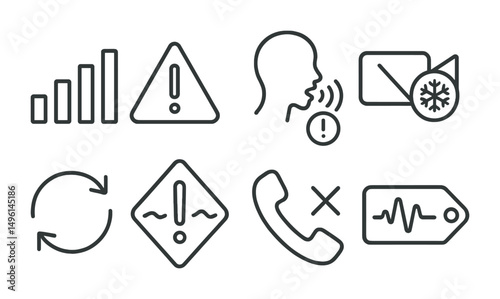 Line style icons of connection quality: signal bars icon, connection unstable alert, voice lag warning, video freeze badge, reconnect attempt icon, poor quality icon, call dropped symbol, sound