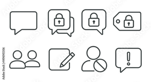 Line style icons of private messaging: direct message icon, secure conversation badge, private chat lock, encrypted message tag, user-to-user line, private notes icon, block user symbol, report chat