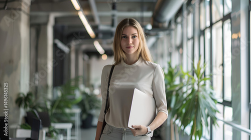 Professional woman holding a laptop in a modern office space with plants and large windows present here