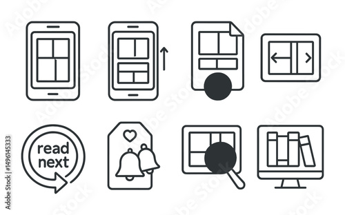Line style icons of digital manga platforms: manga reader app icon, vertical scroll chapter, download manga file, swipe panel navigation, “read next” badge, favorite + bell tag, panel zoom tool,