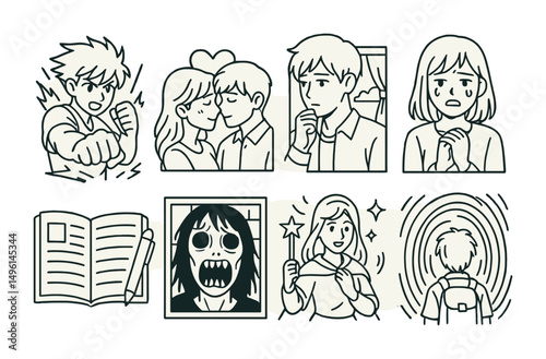 Line style icons of manga genres: shonen action icon, shojo romance badge, seinen drama tag, josei emotional moment, slice of life diary icon, horror manga panel, fantasy with spell symbol, isekai